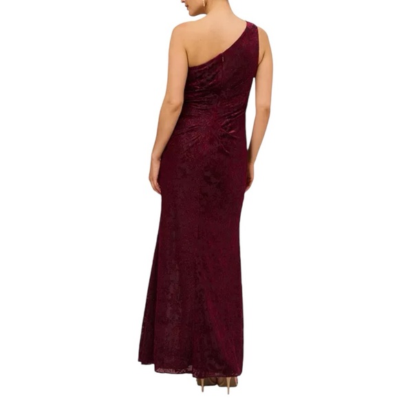 ADRIANNA PAPELL Burgundy One Shoulder Velvet Burnout Gown - Picture 2 of 11